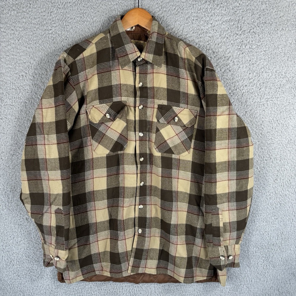 Vintage Sears Quilt Lined Flannel Shirt Mens Large Tall Brown Plaid Work 90s